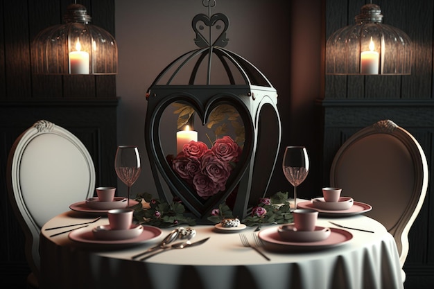 Tisch mit romantischem Abendessen Restaurant Tisch mit Valentinstag Dekoration KI