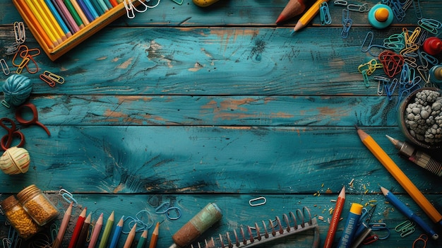 Foto tisch mit schulgeräten lehrertag hintergrund