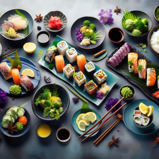 Tisch mit Sushi und japanisch inspirierten Gerichten