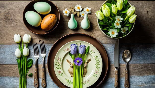 Foto tisch mit tischen und schüsseln voller blumen generative ki