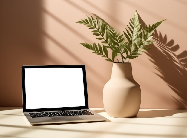 Tisch mit Vase und Laptop mit leerem Bildschirm auf Tapete