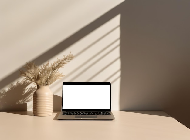 Tisch mit Vase und Laptop mit leerem Bildschirm auf Tapete