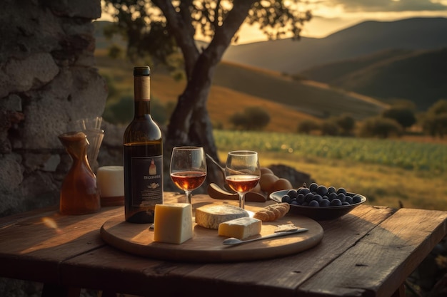 Tisch mit verschiedenen Käsesorten und Weinen auf einem Holztisch und dem Feld im Hintergrund