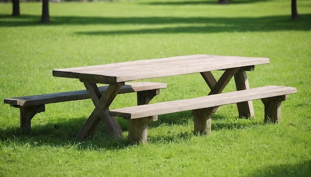 Tisch und Bänke im Park Picknicktisch auf einer grünen Wiese Picknick-Hintergrund