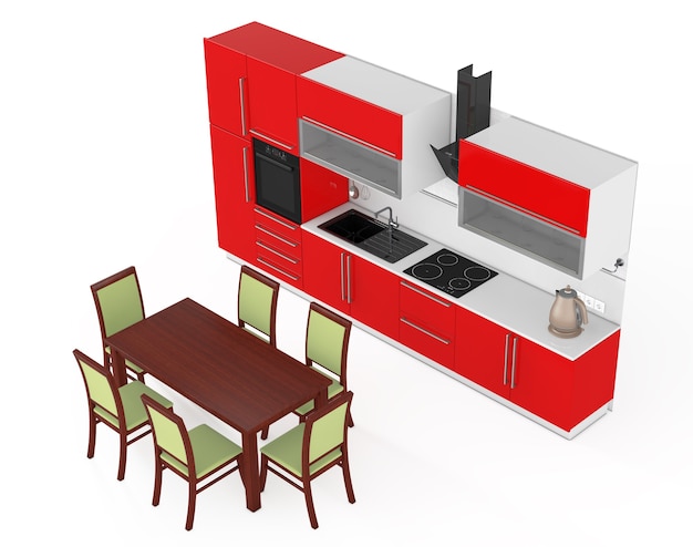 Tisch und Stühle vor modernen roten Küchenmöbeln mit Geschirr auf weißem Hintergrund. 3D-Rendering