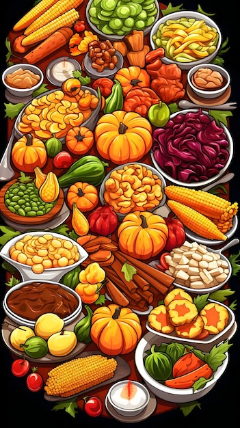 Foto tisch voller lebensmittel, gemüse, früchte, kürbisse, maiskolben, mais als dankesgericht für die ernte