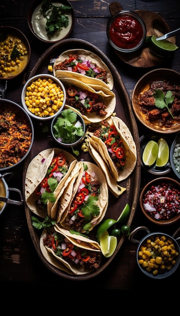 Tisch voller mexikanischer Mahlzeiten auf Tellern, Tacos, Frigoles, Carne de Res, mexikanische Burritos, Nachos.