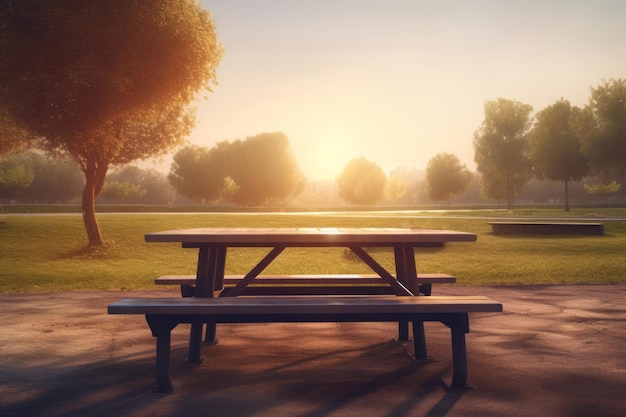 Tischbank im Sonnenuntergangspark Außerhalb der Sommernatur draußen Picknick Erzeugen Sie Ai
