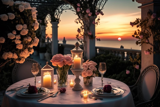 Tischdekoration für ein romantisches Abendessen am Meer