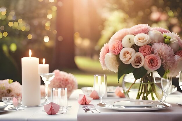 Tischdekoration für eine Hochzeit mit rosa Rosen und Kerzen