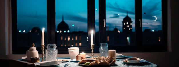 Tischdekoration für Iftar im Ramadan mit Essenstisch in der Nähe des Fensters Vom Fenster aus können Sie die Moschee und den jungen Mond Generative AI sehen