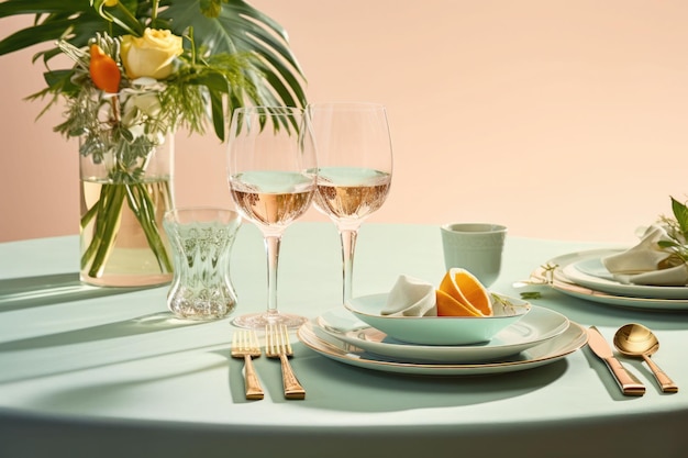 Tischdekoration in Pastellfarben Luxuriöse, elegante Tischdekoration mit Gläsern und Geschirr. Generative KI-Illustration