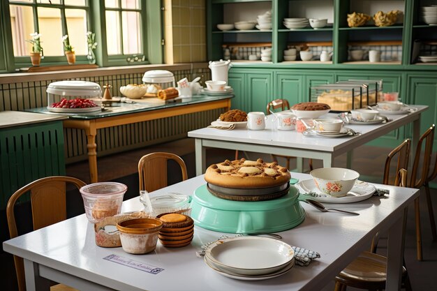 Tischdekoration mit Teetassen und Kuchenständern im Bäckerei-Klassenzimmer, erstellt mit generativer KI