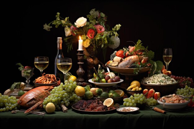 Tischdekoration mit wahrheitsgemäßen Speisen, köstliche Feiertagsspeisen auf dem Tisch, die von KI generiert werden