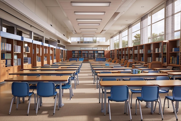Tische und Stühle in einer leeren Highschool-Bibliothek