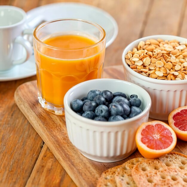 Tischfrühstück Kontinentales Frühstück Fruchtzerealien und Orangensaft