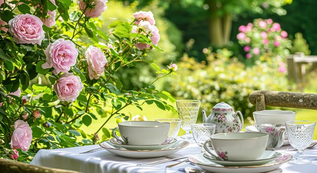 Tischgestaltung mit Rosenblumen und Kerzen für eine Veranstaltungsfeier oder einen Hochzeitsempfang im Sommer