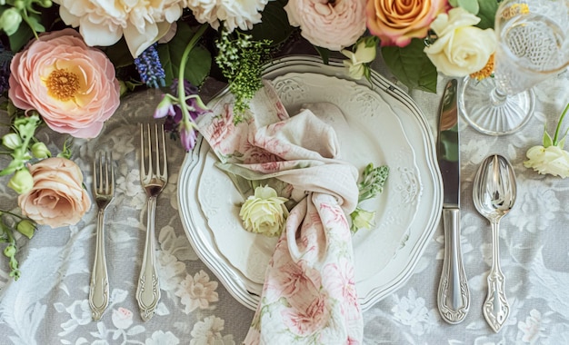 Tischgestaltung mit Rosenblumen und Kerzen für eine Veranstaltungsfeier oder einen Hochzeitsempfang im Sommer