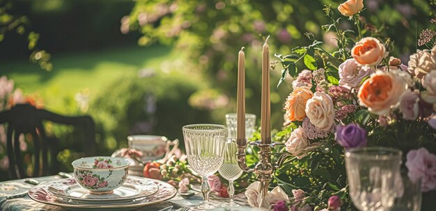 Tischgestaltung mit Rosenblumen und Kerzen für eine Veranstaltungsfeier oder einen Hochzeitsempfang im Sommergarten