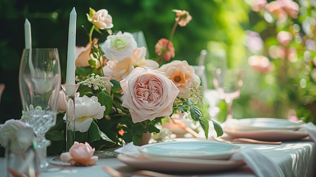 Tischgestaltung mit Rosenblumen und Kerzen für eine Veranstaltungsfeier oder einen Hochzeitsempfang im Sommergarten