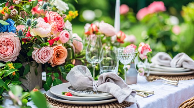 Tischgestaltung mit Rosenblumen und Kerzen für eine Veranstaltungsfeier oder einen Hochzeitsempfang im Sommergarten