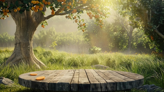 Tischholz Podium auf dem Bauernhof für Lebensmittel, Parfüm und andere Produkte auf dem Hintergrund der Natur Tisch auf dem Bauernhöfe mit Orangenbaum und Gras Sonnenschein am Morgen