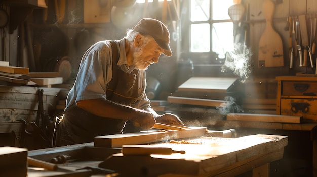 Tischler bei der Arbeit in seinem Atelier Das warme Sonnenlicht beleuchtet den Arbeitsbereich und hebt die Holzspäne und das Sägemüll auf der Werkbank hervor