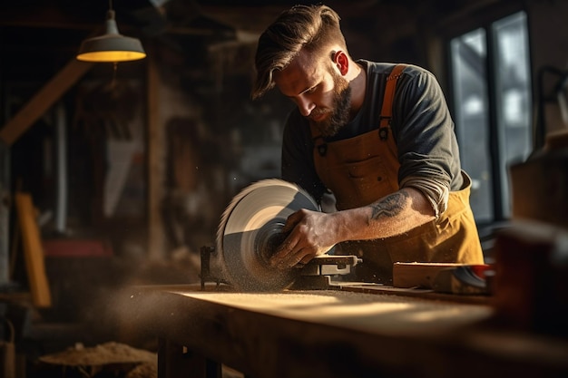 Tischler benutzt in der Werkstatt mit generativer KI eine Säge auf Holz