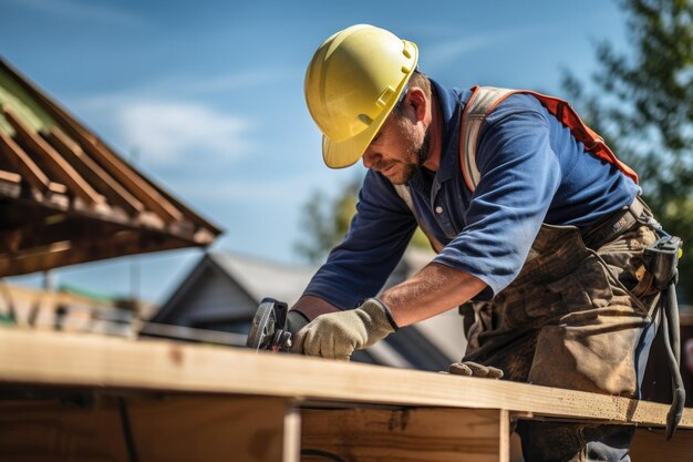 Tischler, der bei der Holzdachkonstruktion arbeitet