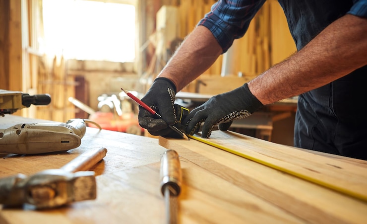 Foto tischler, der mit einem bleistift mit einer holzmarkierungsplanke arbeitet und messungen vornimmt, um ein stück holz zu schneiden, um ein möbelstück in einer tischlerei-nahaufnahme herzustellen
