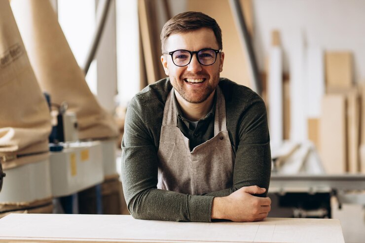 Foto tischler, der mit holz und säge in der verarbeitenden industrie arbeitet