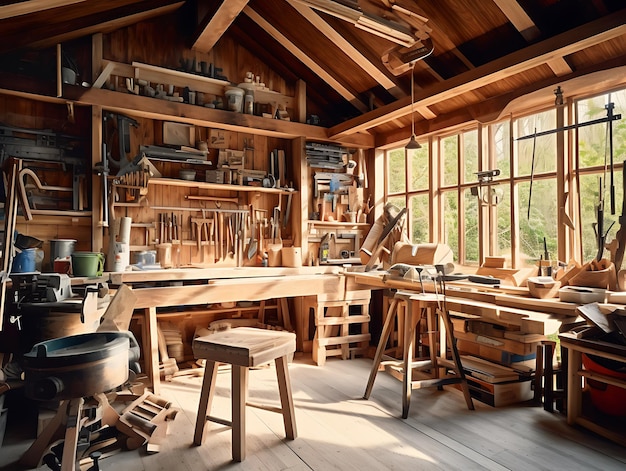 Foto tischlerwerkstattinterieur mit holz und werkzeugen an einem sonnigen tag