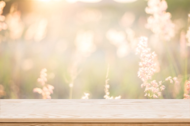 Tischplatte auf unscharfem Naturhintergrund, Raum für das Platzieren von Produkten