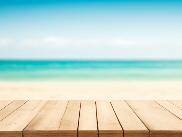 Tischplatte aus Holz mit verschwommenem Strandhintergrund. Leer, bereit für die Montage Ihrer Produktpräsentation