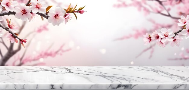 Tischplatte aus weißem Marmorstein mit Sakura auf generativer KI mit unscharfem Bokeh-Hintergrund