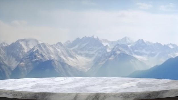 Tischplatte mit Marmoroberfläche und kalter Bergeinrichtung zum Vorführen von Dingen, Erscheinen und Modellieren. Kreative Ressource, die von der KI generiert wurde