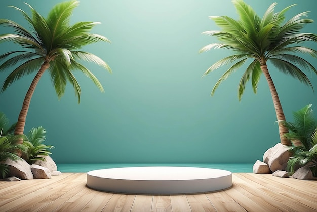Tischtop-Podium-Bühne-Stand auf tropischem Palmbaum-Hintergrund für Produktplatzierung 3D-Rendering