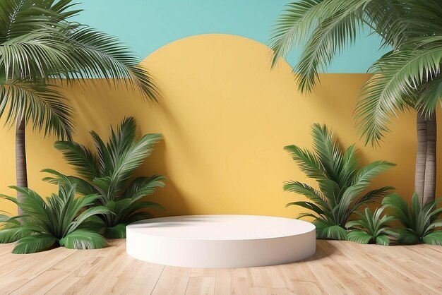 Tischtop-Podium-Bühne-Stand auf tropischem Palmbaum-Hintergrund für Produktplatzierung 3D-Rendering