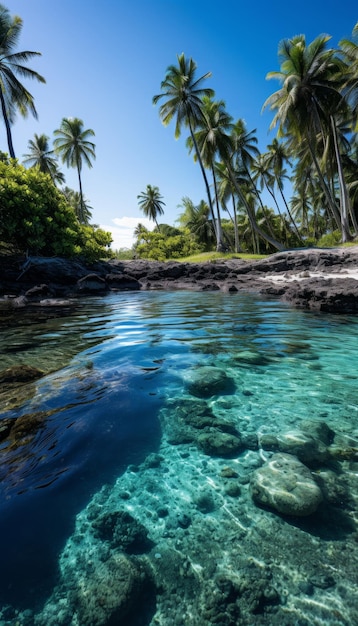 Foto titel idyllischer tropischer strand mit palmen und ruhiger blauer lagune
