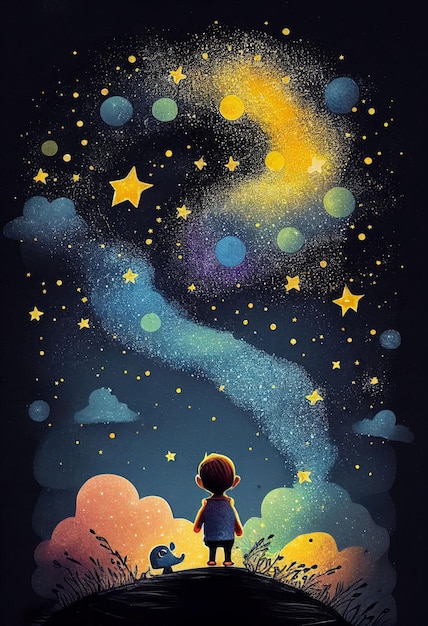 Titelbuch eines Kindes, das auf dem Universum steht, mit niedlichen kleinen Sternen. Erstellt mit generativer KI-Technologie