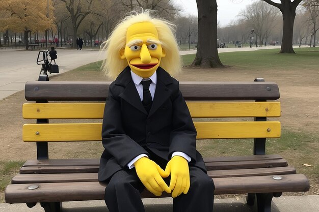 Foto un títere borracho de pelo amarillo sentado en un banco del parque.