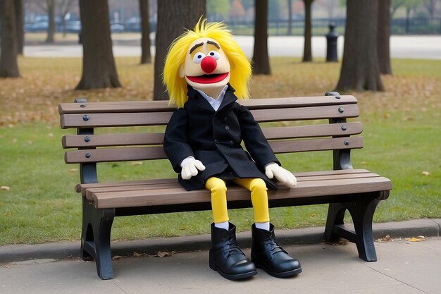 Foto un títere borracho de pelo amarillo sentado en un banco del parque.