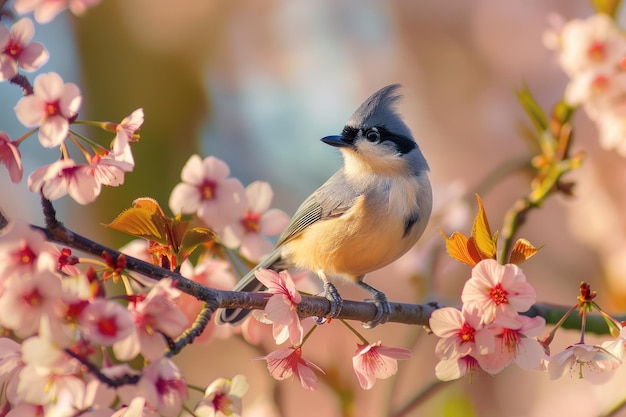 Titmouse pássaro sentado no jardim entre os galhos florescentes da flor de cereja rosa na primavera