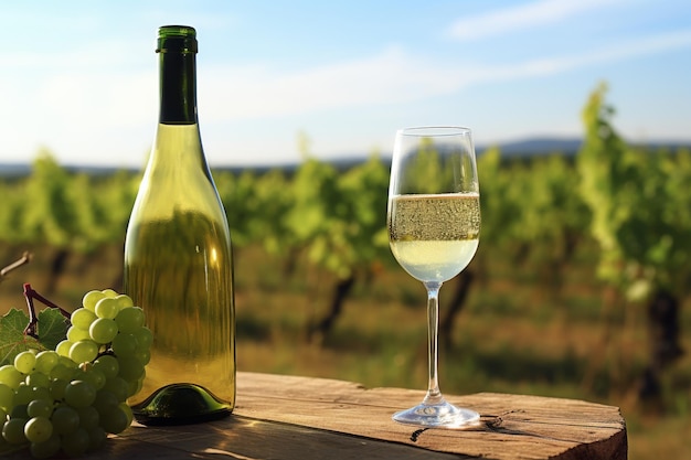 Título botella de champán y vaso en el viñedo perfecto para celebraciones