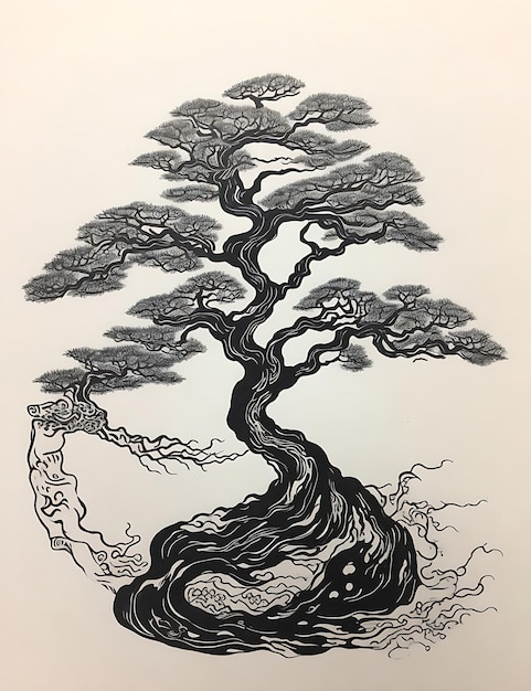 Título compatible con SEO: cautivadora ilustración de árbol inspirada en tinta japonesa