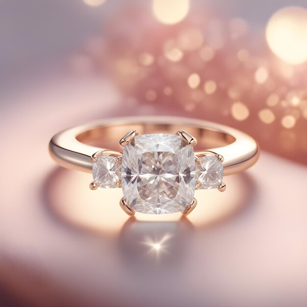 Título concepto de compromiso primer plano de un hermoso anillo de corte de cojín de compromiso de diamante