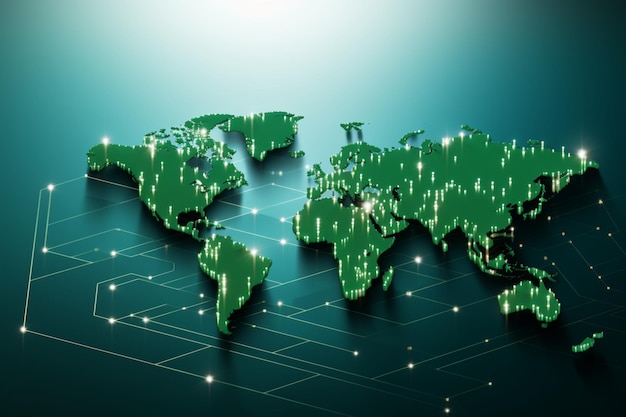 Título da imagem Flecha verde no mapa do mundo simbolizando o sucesso e o crescimento dos negócios
