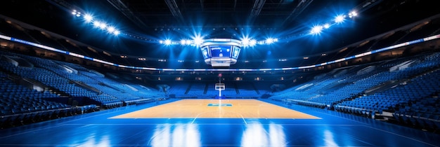 Título escena cautivadora de un resplandor etéreo que ilumina una serena cancha de baloncesto en una arena vacía