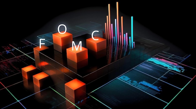 Un título del FOMC para el Comité Federal de Mercado Abierto con gráfico en fondo de color digital