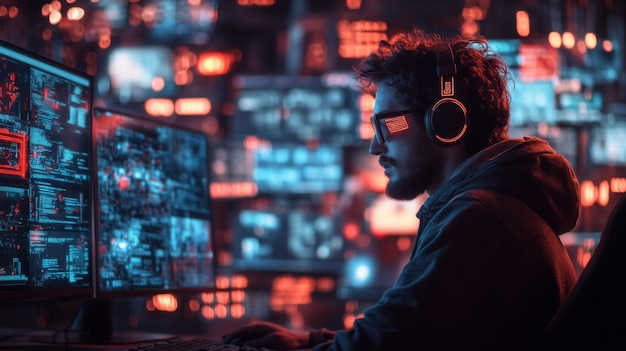 Título Hacker cibernético en el espacio de trabajo iluminado con neón Palabras clave hacker